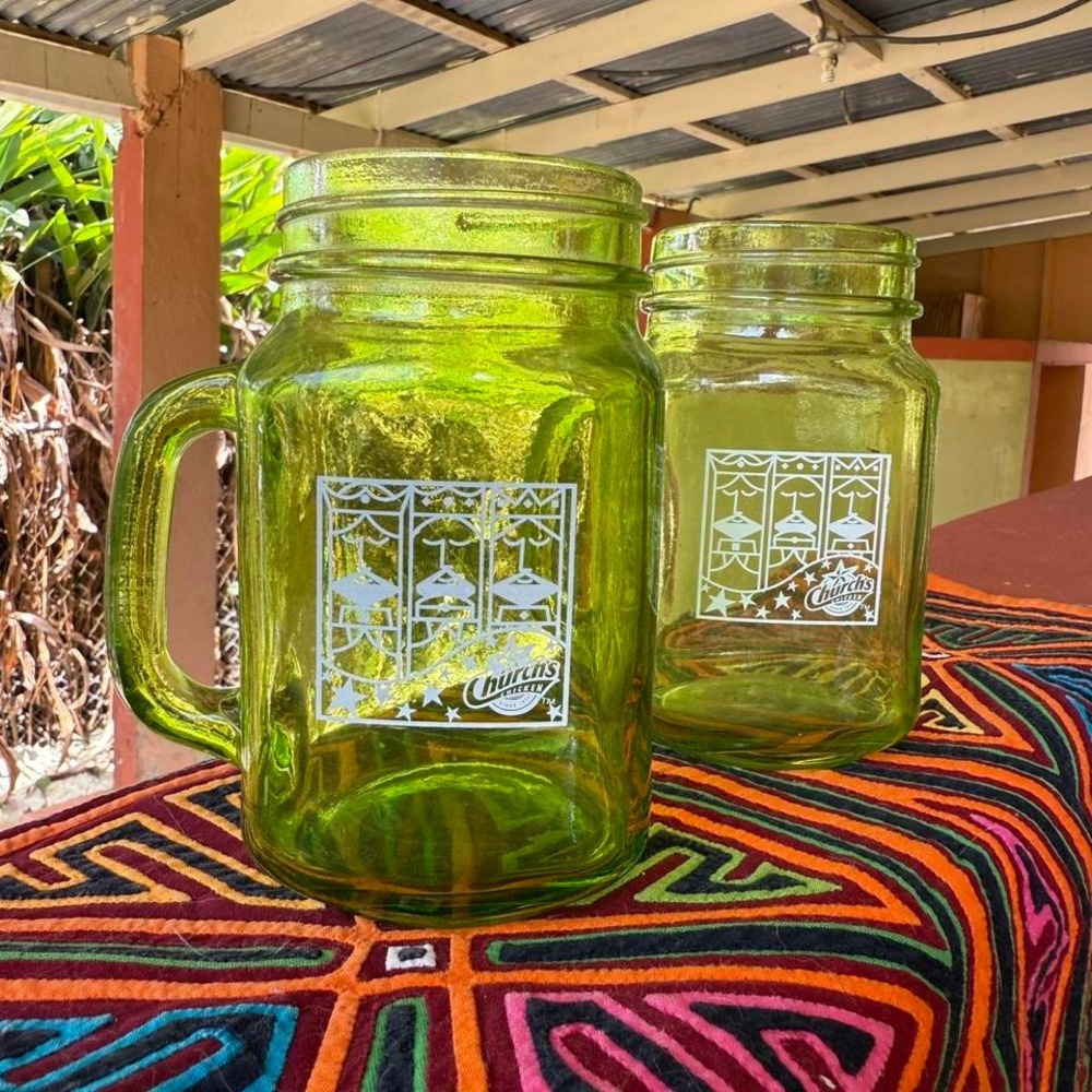 Puerto Rico Church's Chicken‎ Green Glass Mason Jar Mugs Set of 2 Collectible